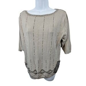 NEW VTG 90's S.M.L. DESIGN Women's Beige Beaded 3/4 Sleeve Sweater Size S /A117